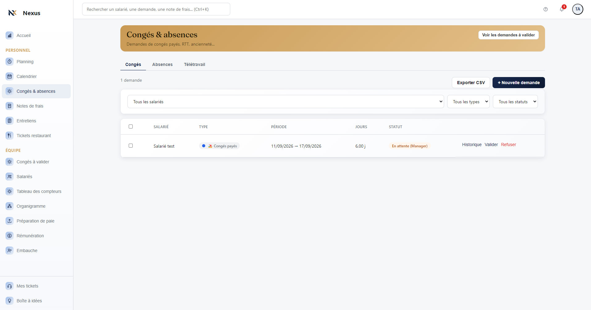 Écran Congés & absences de Nexus RH : demandes, validations et suivi des soldes.