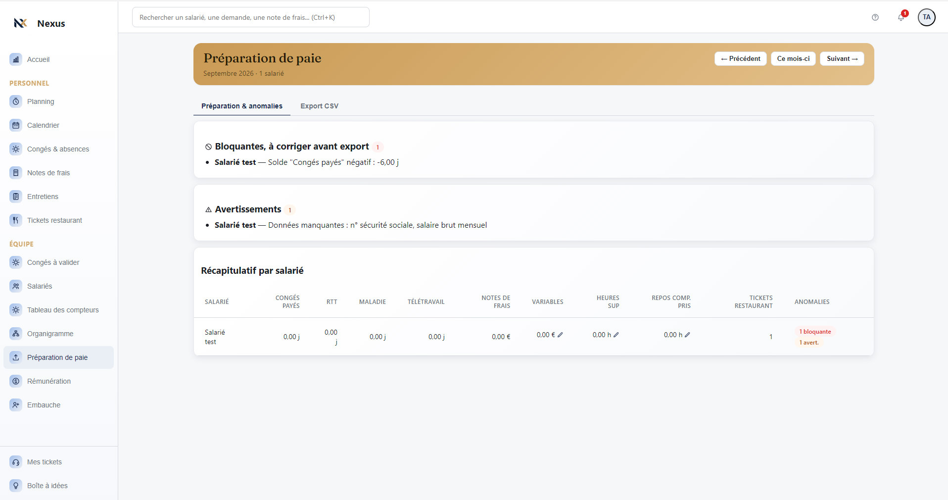 Écran Préparation de paie de Nexus RH : anomalies bloquantes et avertissements détectés automatiquement.