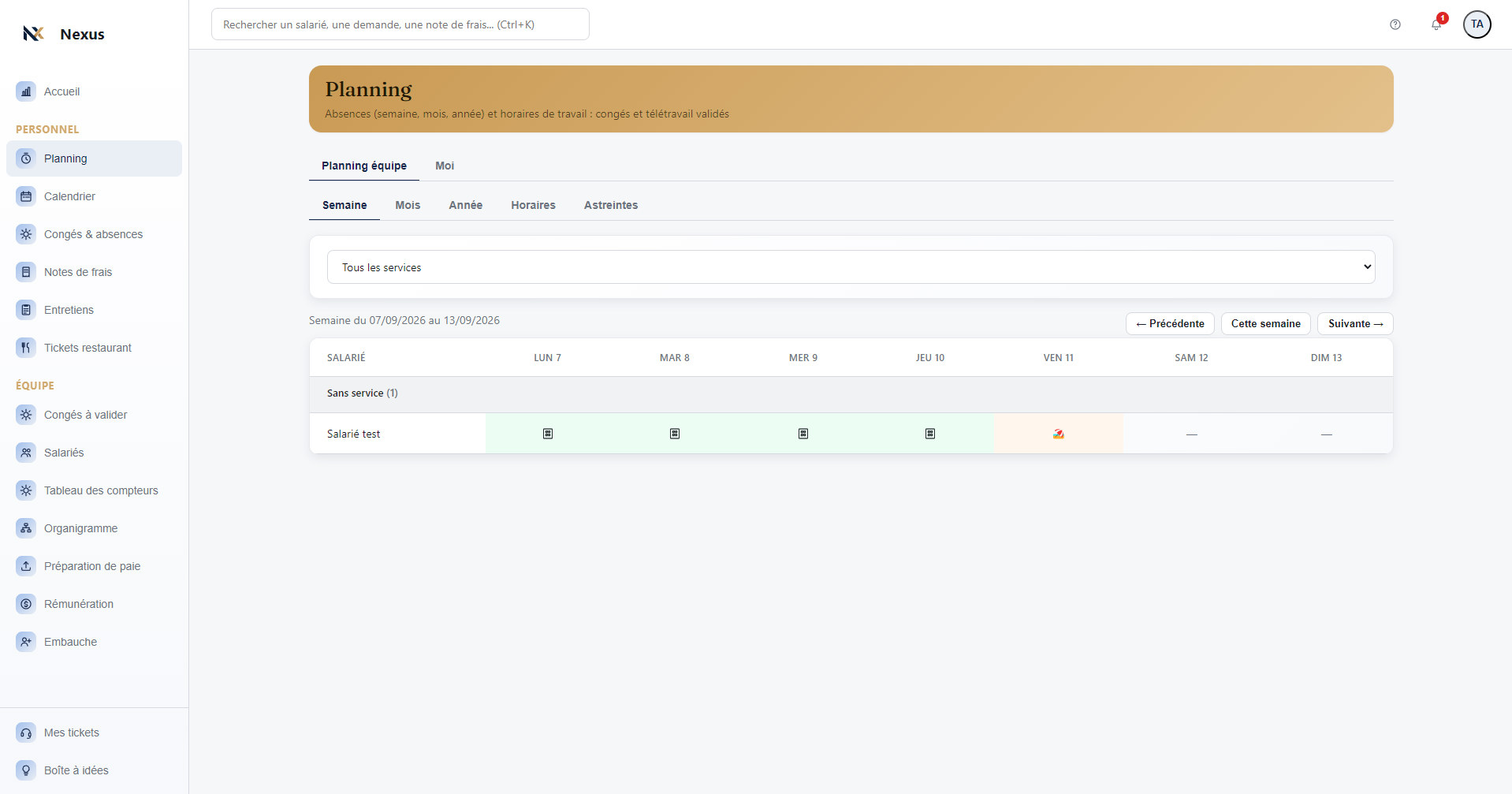 Écran Planning de Nexus RH : vue équipe par semaine, avec télétravail suivi au jour le jour.