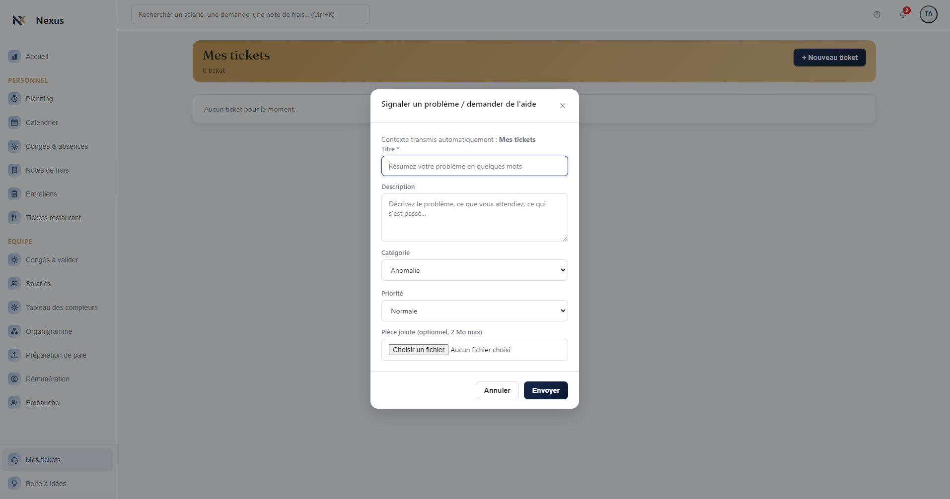 Écran Mes tickets de Nexus RH : formulaire pour signaler un problème ou demander de l'aide.