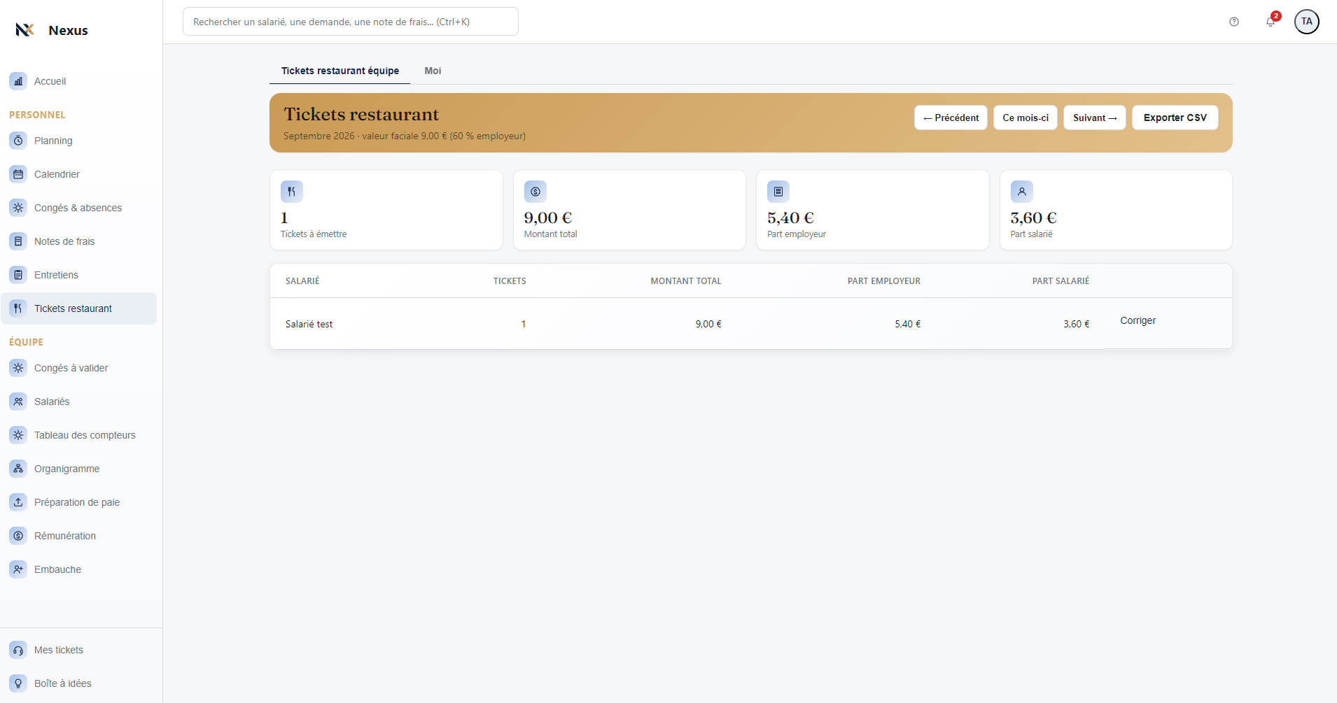 Écran Tickets restaurant de Nexus RH : montant total, part employeur et part salarié calculés automatiquement.